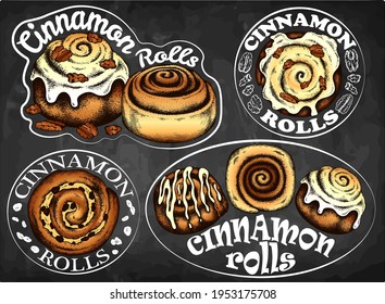 Sketch hand drawn set cinnamon rolls logo isolated on chalkboard. Drawing cinnamon bun with icing, toppings, pecan nuts. Line art dessert, outline sweet food on blackboard, icon. Vector illustration