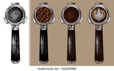 Sketch hand drawn set of coffee  portafilter with coffee beans, latte art, cappuccino. Espresso filter holders isolated., ground roasted coffee,logo, bar, cafe vintage background. Vector illustration