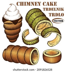 Esbozo conjunto de tartas de chimenea coloridas con pistacho aislado en fondo blanco.  Dibujando trdelnik de chocolate, comida húngara dulce al horno, postre checo, kürtőskalács. Ilustración vectorial.