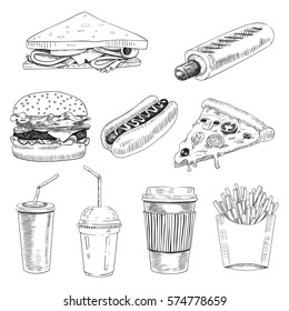 Sketch Hand Drawn Set Of Fast Food. Vector Illustration Of Club Sandwich,  Hot Dog, Burger, Pizza, French Fries, Drinks. 