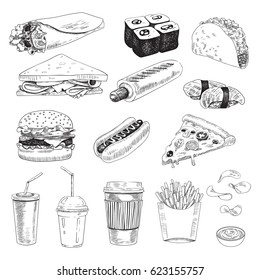 Skizzieren Sie handgezeichnete Fastfood-Sets. Vektorgrafik von Klubsandwich, Hot Dog, Burger, Pizza, Pizza, Pommes frites, Getränke, Sushis, Taco, Burrito, Pommes frites.