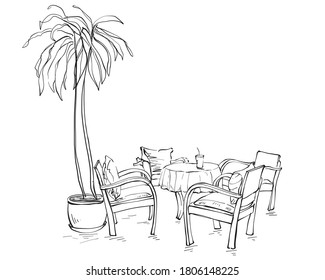 Sketch hand drawn Set Natural wood table and chairs vintage style decorations, sketch design concept,Illustration vector eps10.