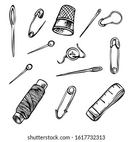 Sketch hand drawn sewing set. Vector  sewing tools