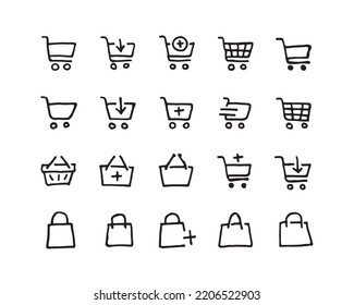 Sketch hand drawn Shopping cart, basket, and shopping bag icon set. Collection of web icons for online stores, icons in various shapes Colored with yellow color