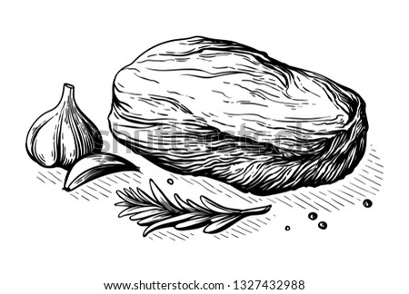 sketch hand drawn Slice of raw bull steak with rosemary and garlic vector illustration