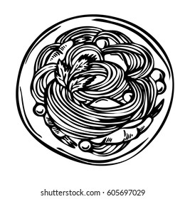 Sketch Hand drawn Spaghetti pasta , top view. Engraved ink doodle of italian cuisine.