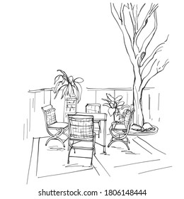 Sketch hand drawn Steel table, chair set For outdoor relaxation Decorated with nature in a coffee shop, Illustration vector eps10 