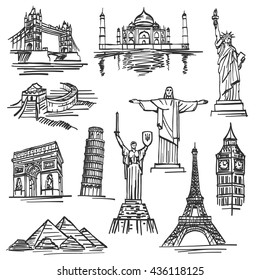 Sketch of hand drawn tourist places, template design element, Vector illustration