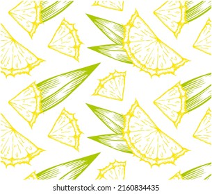 Sketch hand drawn tropical pattern with sliced yellow pineapple and green leaves isolated on transparent background. Engraved juicy pineapple fruit wallpaper. Drawing sweet food. Vector illustration.