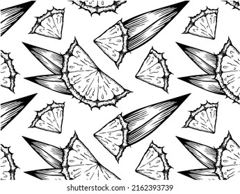 Sketch hand drawn tropical pattern with sliced pineapple and leaves isolated on transparent background. Engraved juicy pineapple fruit wallpaper. Drawing exotic sweet food. Vector illustration.