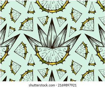 Esbozo patrón tropical dibujado a mano con piña amarilla en rodajas y hojas aisladas en fondo azul. Papel pintado de jugosa piña. Dibujando comida dulce exótica. Ilustración vectorial.