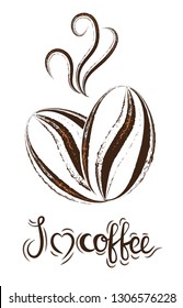 Sketch hand drawn two coffee beans in form of heart on white background. I love coffee vector concept