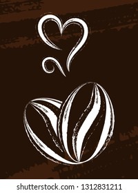 Sketch hand drawn two coffee beans in form of heart with aroma steam on brown vintage background