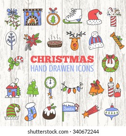 Sketch hand drawn vector icons. Set Doodles illustration Christmas and New Year. 