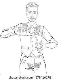 Sketch, hand drawn vector illustrated, barman in work