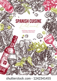 Sketch hand drawn vector illustration of food. Spanish cuisine background with meat, pork, jamon, tomatos cherry, olive, salad and wine
