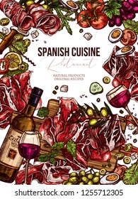 Sketch hand drawn vector illustration of food. Colorful spanish cuisine background with meat, pork, jamon, tomatos cherry, olive, salad and wine