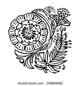 sketch, hand drawn, vector, illustration of floral decorative ornament in Ukrainian folk style