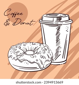 Sketch hand drawn vector illustration of takeaway disposable Coffee paper cup with Donut. Isolated on beige background. For menus, design, flyers, advertising.