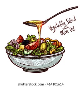 Sketch Hand Drawn Vegetable Salad With Spoon Of Olive Oil