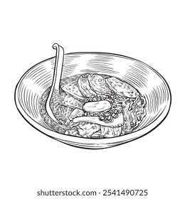 Sketch Hand drawn vintage Ramen soup with noodle egg seaweed and meat Traditional Japanese ramen or chinese soup, vector illustration.