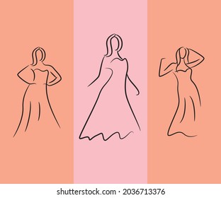 sketch and hand drawn wedding dress woman pose set illustration