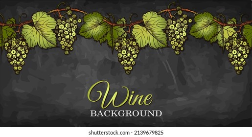 Esbozar un cartel de vino dibujado a mano con uvas verdes y hojas en una rama aisladas en la pizarra. Berry de uva grabada y realista en pizarra, plantilla de viñedo, afiche de fruta. Ilustración vectorial.