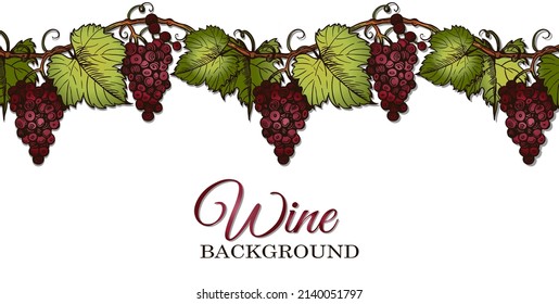 Sketch hand drawn Wine poster with red grapes and green leaves on branch isolated on white background. Engraved drawing realistic grape berry, vineyard template, fruit poster. Vector illustration.