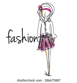 sketch hand drawn woman cartoon fashion girl illustration, vector file