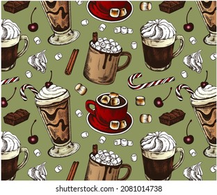 Sketch hand drawn Xmas pattern of colorful hot chocolate with marshmallows isolated on green background. Doodle drawing winter drinks, hot cocoa, whipped cream, candy , cinnamon. Vector illustration.