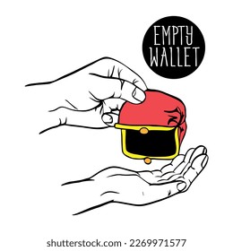 sketch of hand with an empty wallet. An open pink wallet without money. An empty wallet in two hands without money, coins. The money crisis. fight poverty and lack of money. 