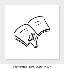 Sketch of hand flipping through book hand drawn style illustration isolated on white paper sheet