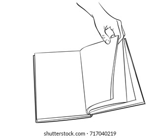 Sketch of hand flipping through book with blank pages mockup, Hand drawn isolated vector line art illustration