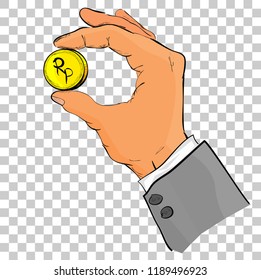 sketch of Hand Give or Holding Golden Rupiah coin, at Transparent Effect Background
