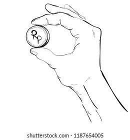 sketch of Hand Give or Holding Rupiah coin