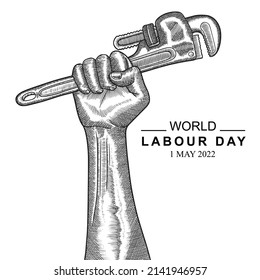 Sketch of Hand hold a pipe wrench for World Labour day1 May . Engraving Vector Illustration