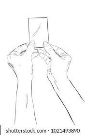 Sketch Hand Holding Blank Card, Isolated on White