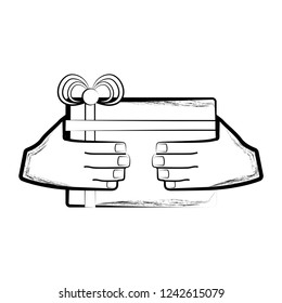 Sketch of a hand holding a gift box. Vector illustration design