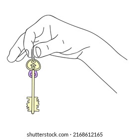 Sketch of Hand holding house key. Concept of real estate Sale, Buy, Offer, Buying the house. Black and white doodle, hand drawn image. Vector illustration