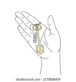Sketch of Hand holding house key. Concept of real estate Sale, Buy, Offer, Buying the house. Black and white doodle, hand drawn image. Vector