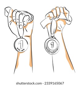 sketch hand holding medal - vector