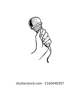 Sketch hand holding microphone black silhouette icon. Audio broadcasting, karaoke interview and free radio symbol. Audio representative equipment. Vector illustration