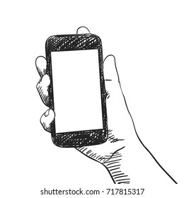 Sketch of hand holding mockup smartphone, Hand drawn vector illustration with hatched shade isolated on white background