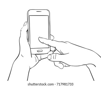 Sketch of hand holding mockup smartphone and finger pressing blank screen, Hand drawn vector line art illustration isolated on white background