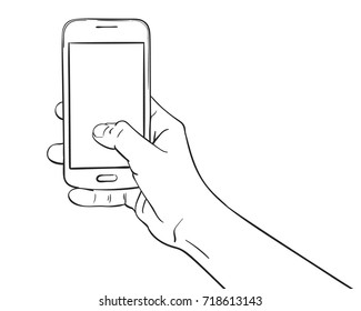 Sketch Hand Holding Smartphone Finger Touching Stock Vector Royalty Free