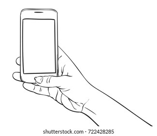 Sketch of hand holding mockup smartphone and thumb pressing button, Hand drawn vector line art illustration isolated on white background
