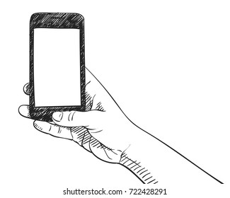 Sketch of hand holding mockup smartphone and thumb pressing button, Hand drawn vector illustration with hatched shade isolated on white background