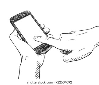 Sketch of hand holding mockup smartphone and finger pressing blank screen, Hand drawn vector illustration with hatched shade isolated on white background