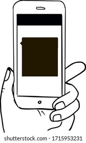 Sketch of hand holding phone with message on a screen in doodle style