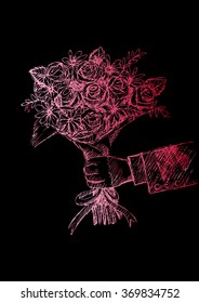 Sketch hand holding rose flowers